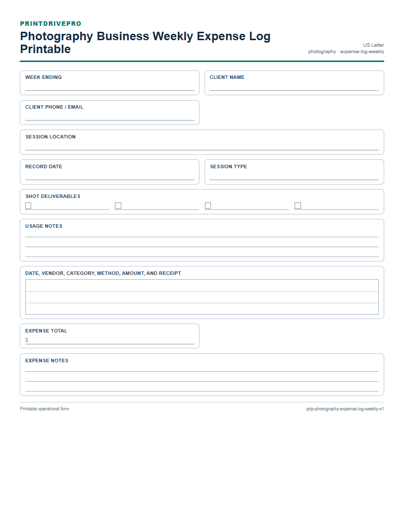 Photography Business Weekly Expense Log Printable preview