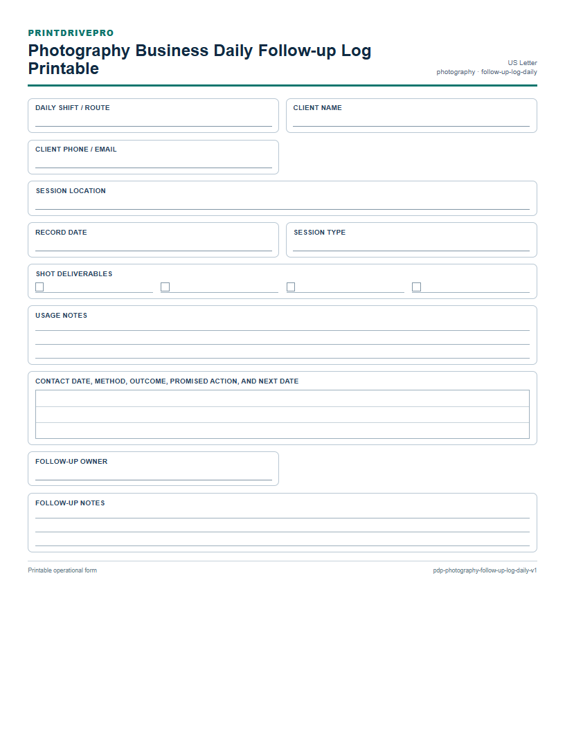Photography Business Daily Follow-up Log Printable preview
