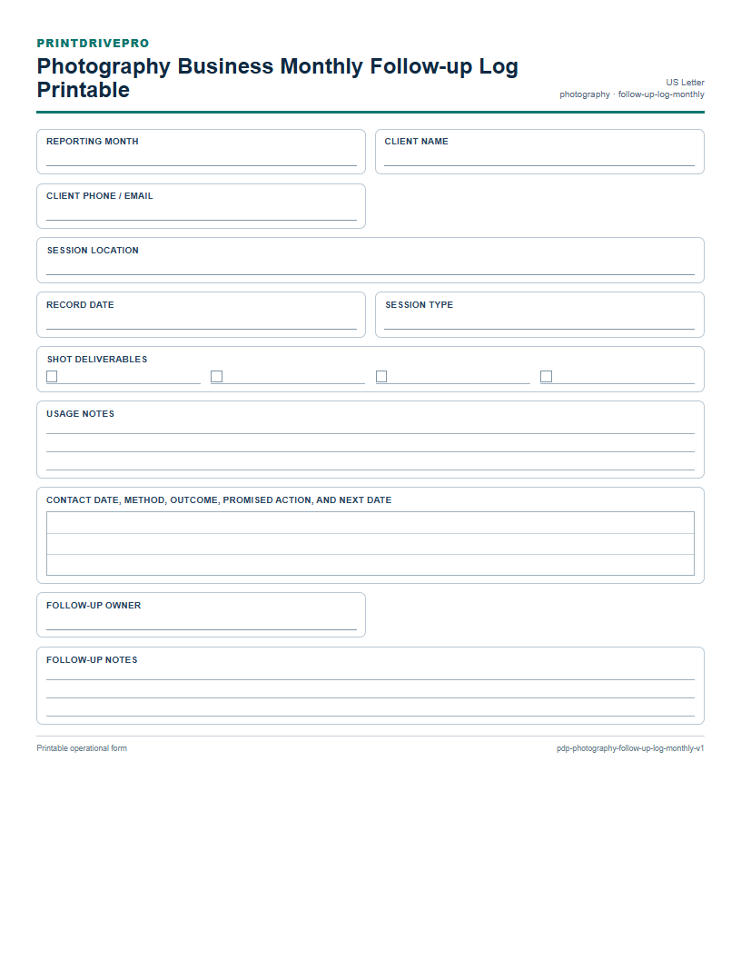 Photography Business Monthly Follow-up Log Printable preview