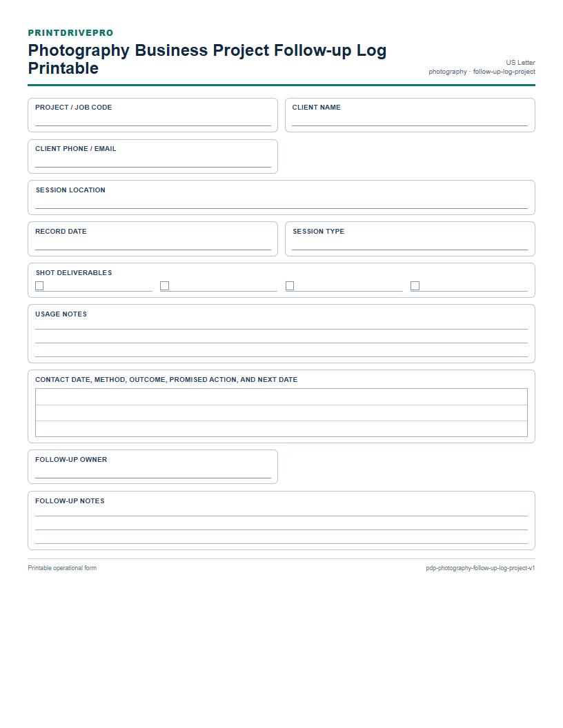 Photography Business Project Follow-up Log Printable preview