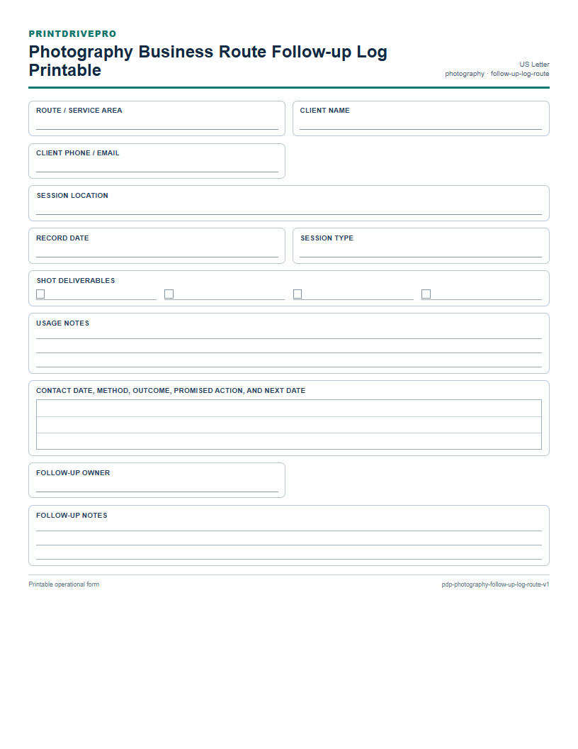 Photography Business Route Follow-up Log Printable preview