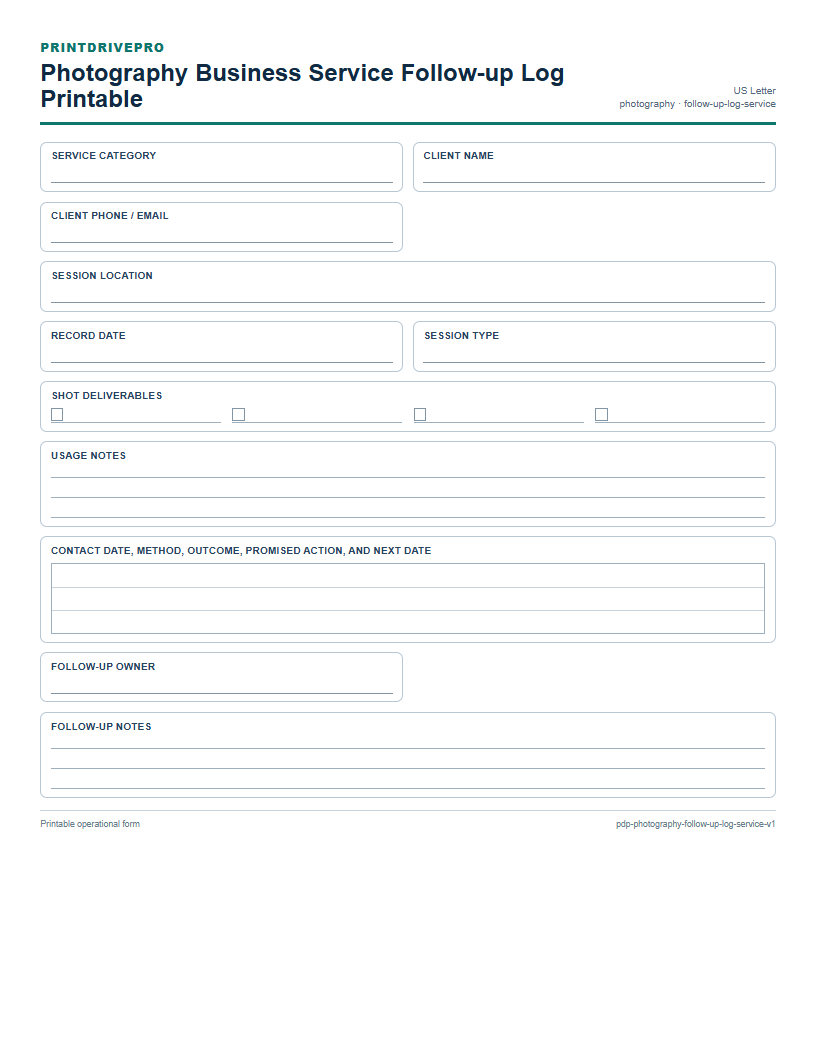 Photography Business Service Follow-up Log Printable preview