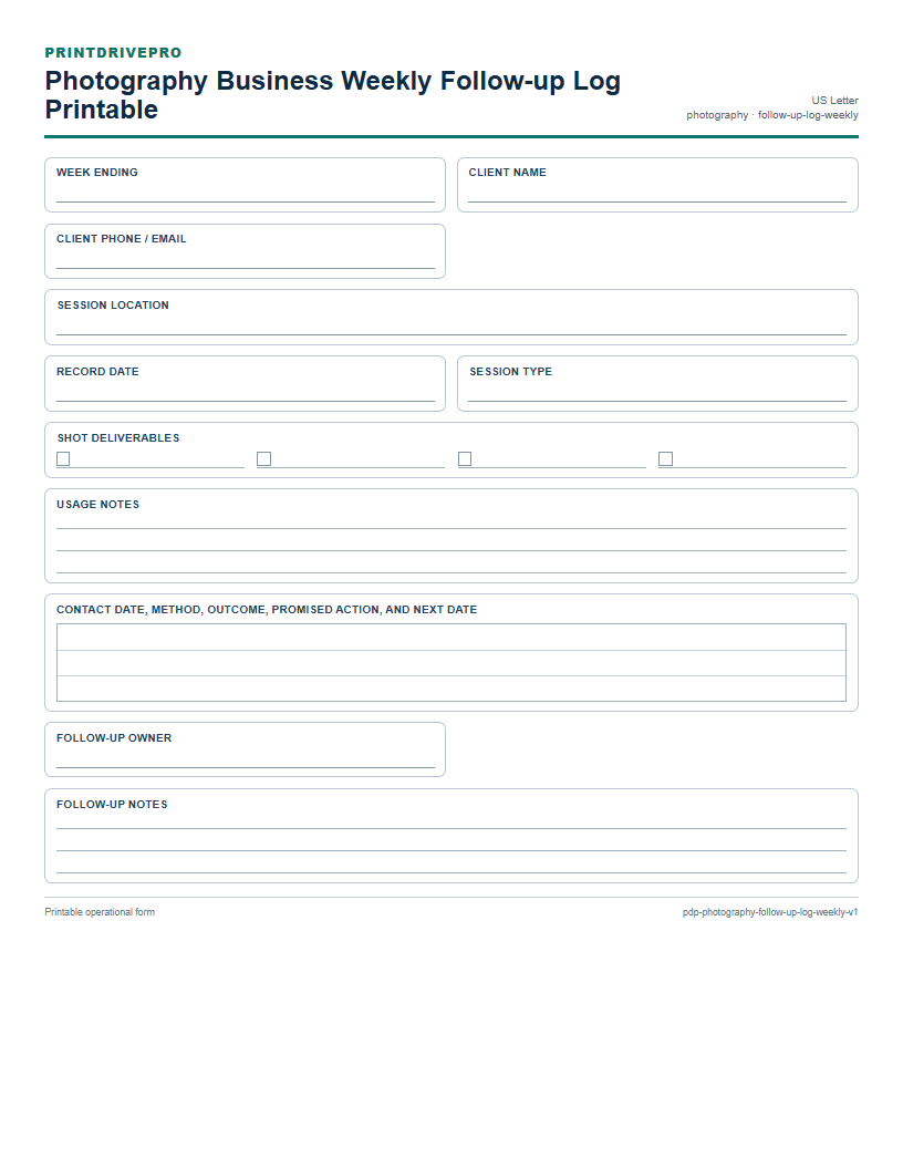 Photography Business Weekly Follow-up Log Printable preview