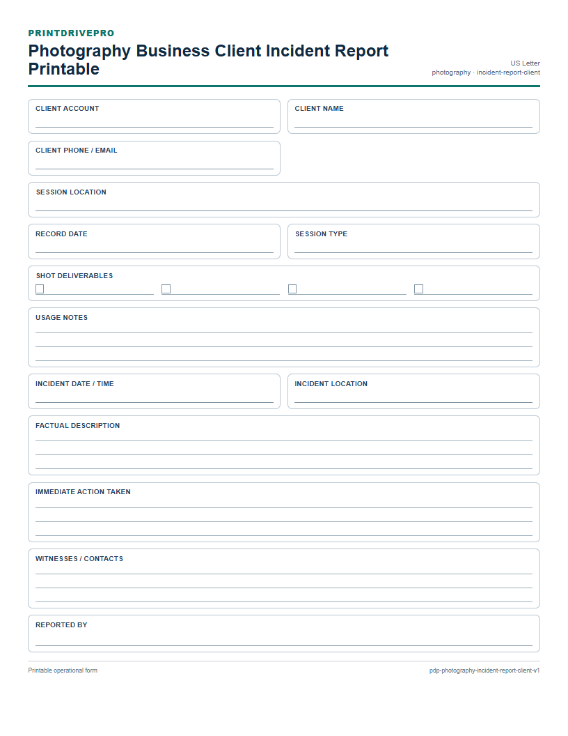 Photography Business Client Incident Report Printable preview