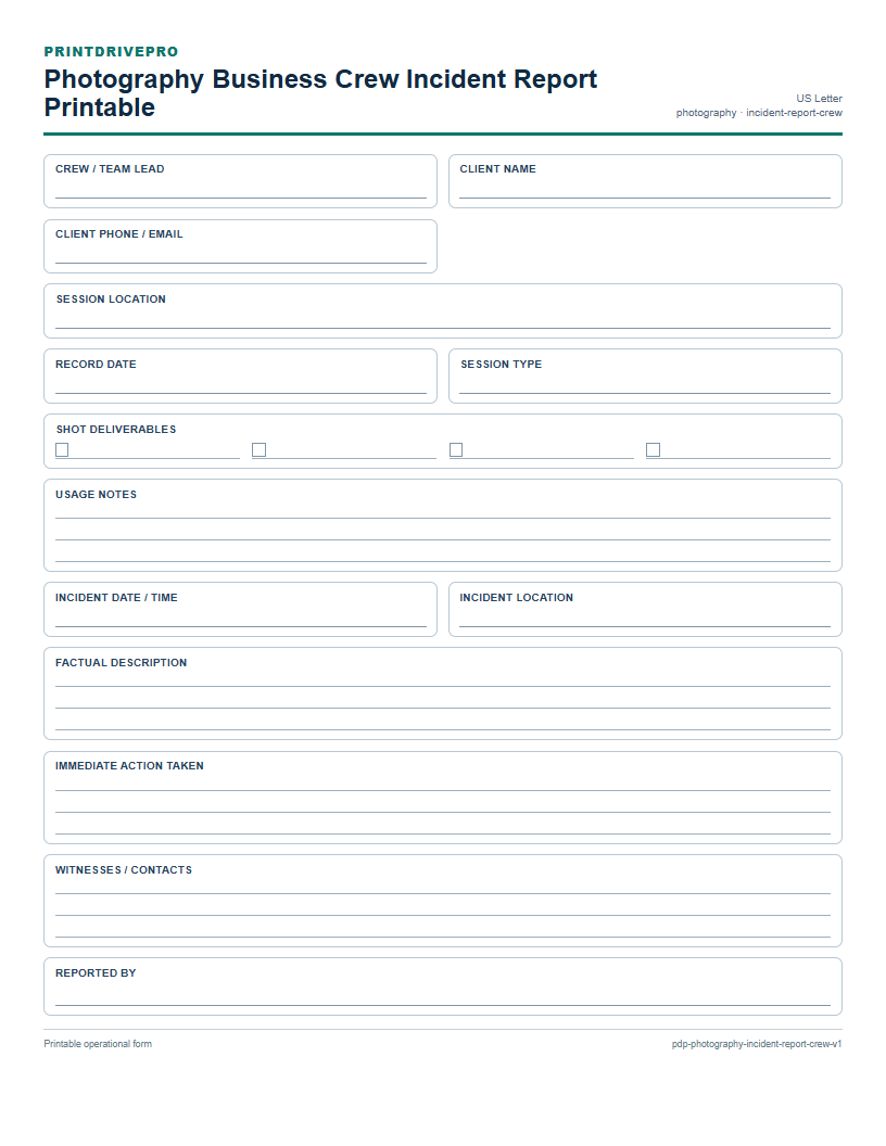 Photography Business Crew Incident Report Printable preview