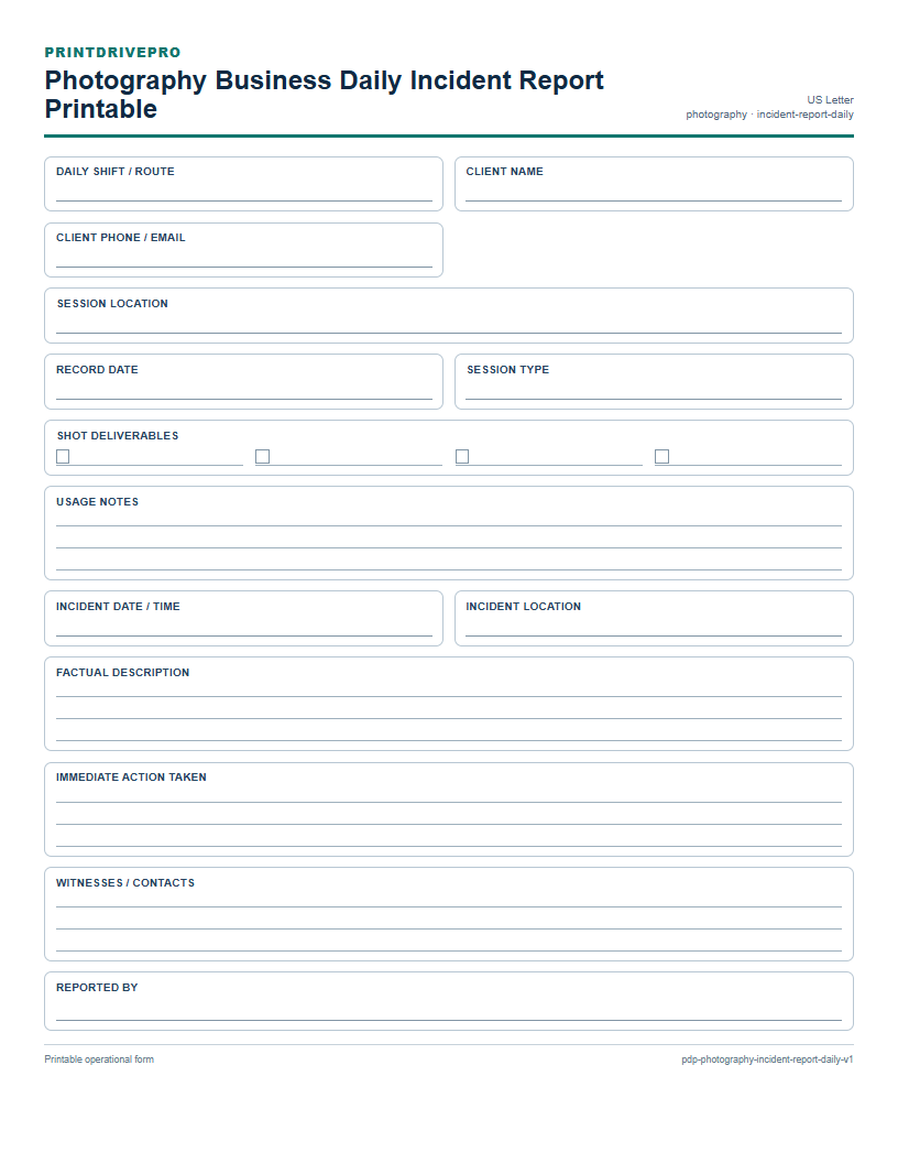 Photography Business Daily Incident Report Printable preview