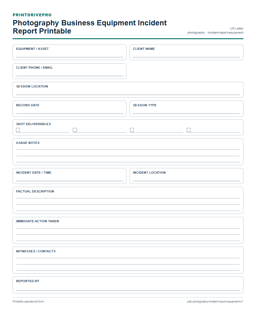Photography Business Equipment Incident Report Printable preview