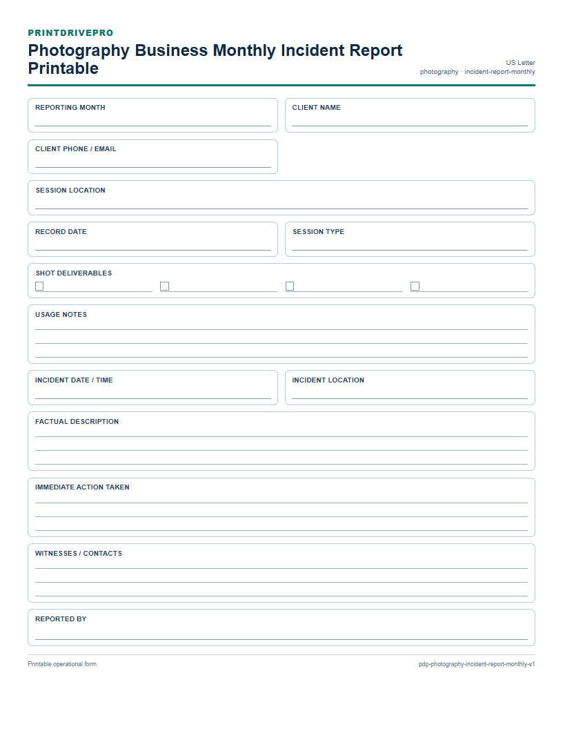 Photography Business Monthly Incident Report Printable preview