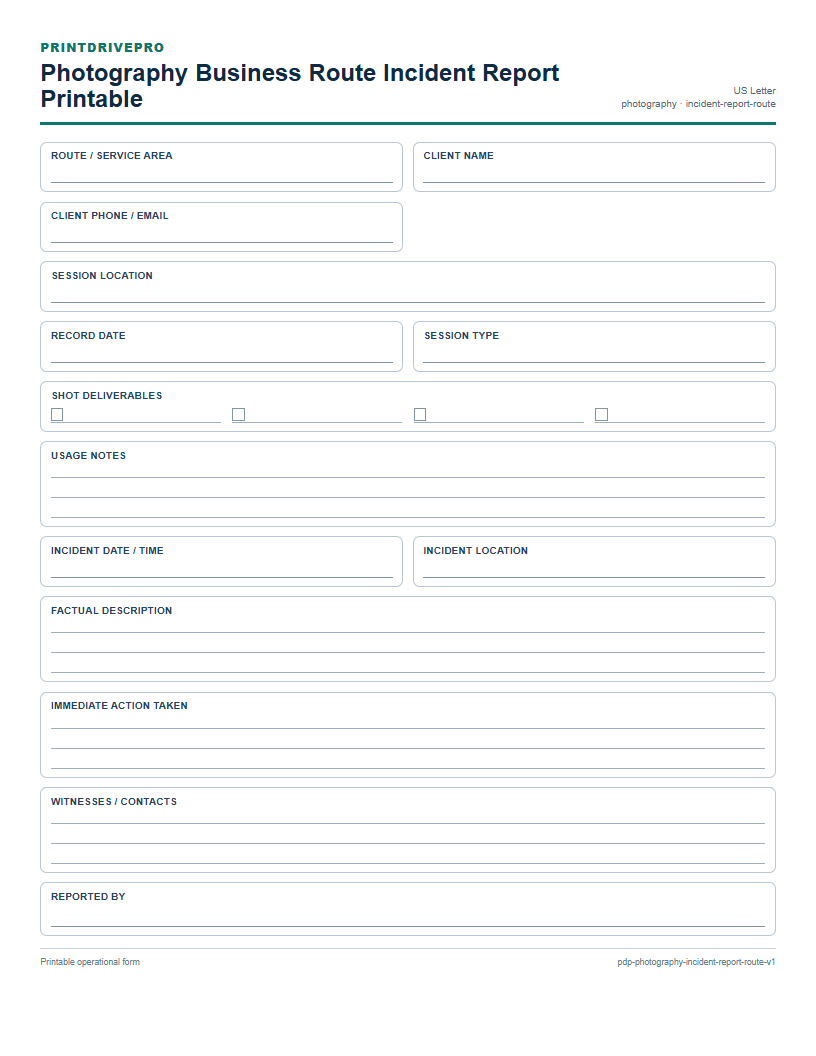 Photography Business Route Incident Report Printable preview