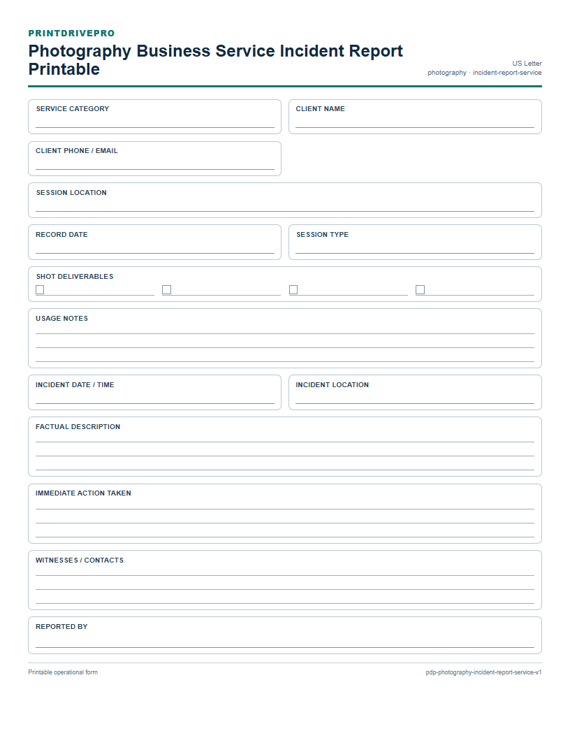 Photography Business Service Incident Report Printable preview