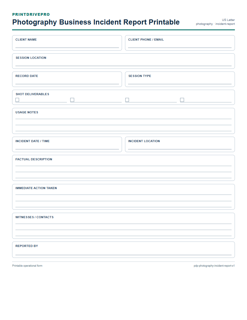 Photography Business Incident Report Printable preview