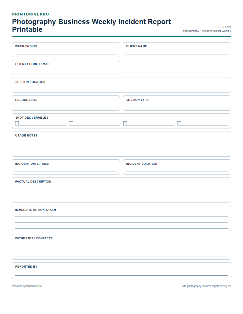 Photography Business Weekly Incident Report Printable preview