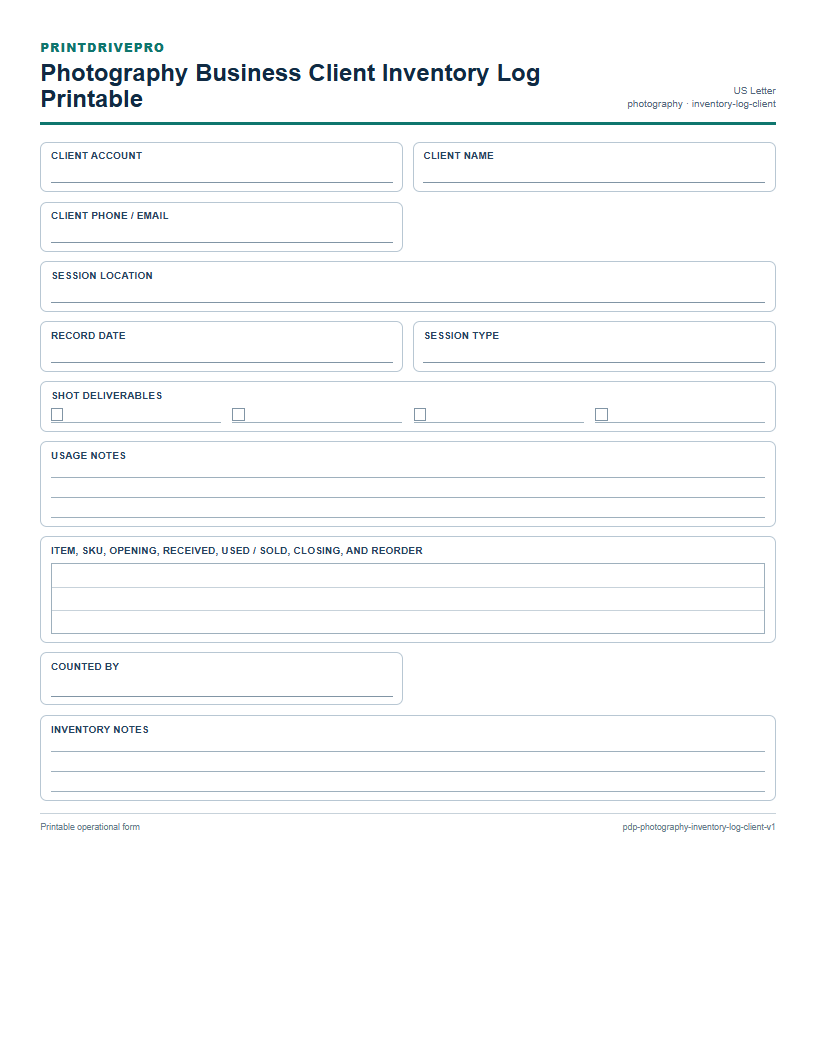 Photography Business Client Inventory Log Printable preview