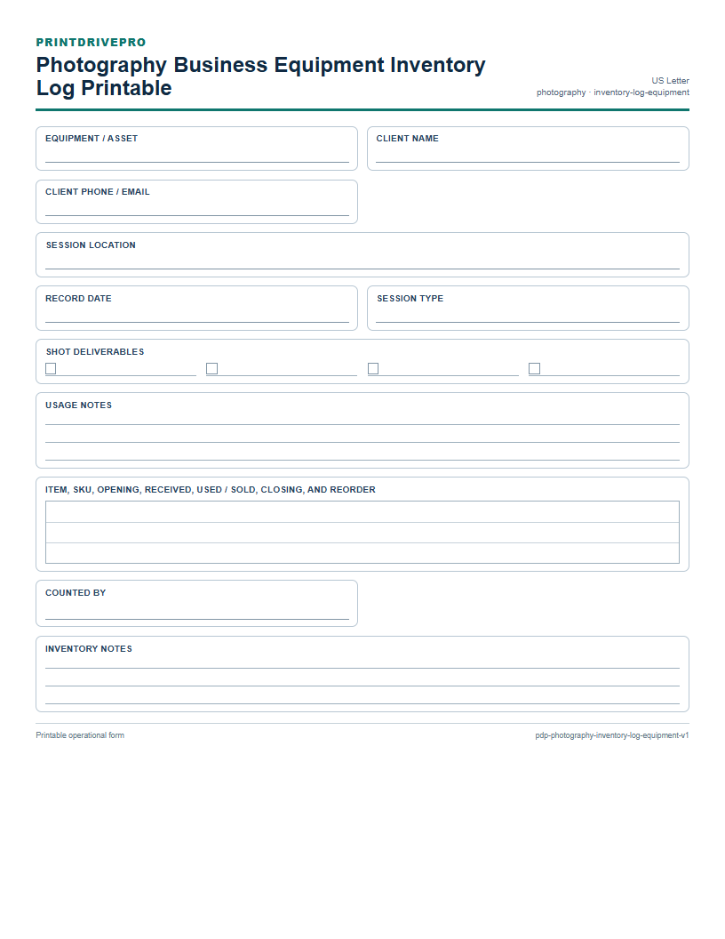 Photography Business Equipment Inventory Log Printable preview