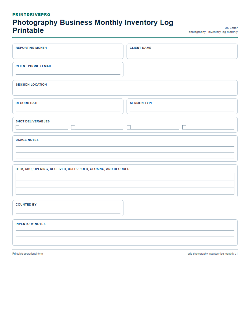 Photography Business Monthly Inventory Log Printable preview