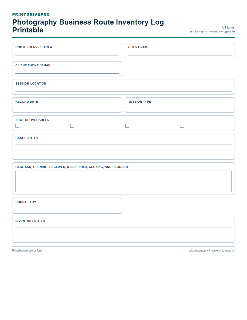 Photography Business Route Inventory Log Printable preview