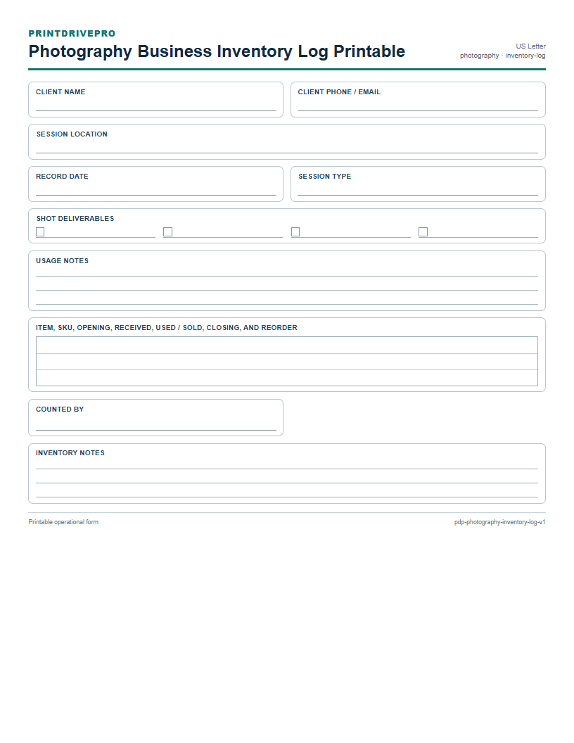 Photography Business Inventory Log Printable preview