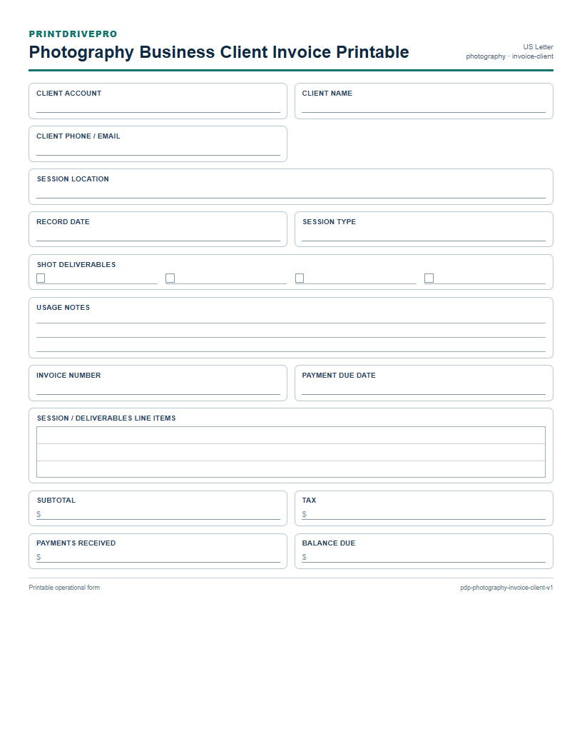 Photography Business Client Invoice Printable preview