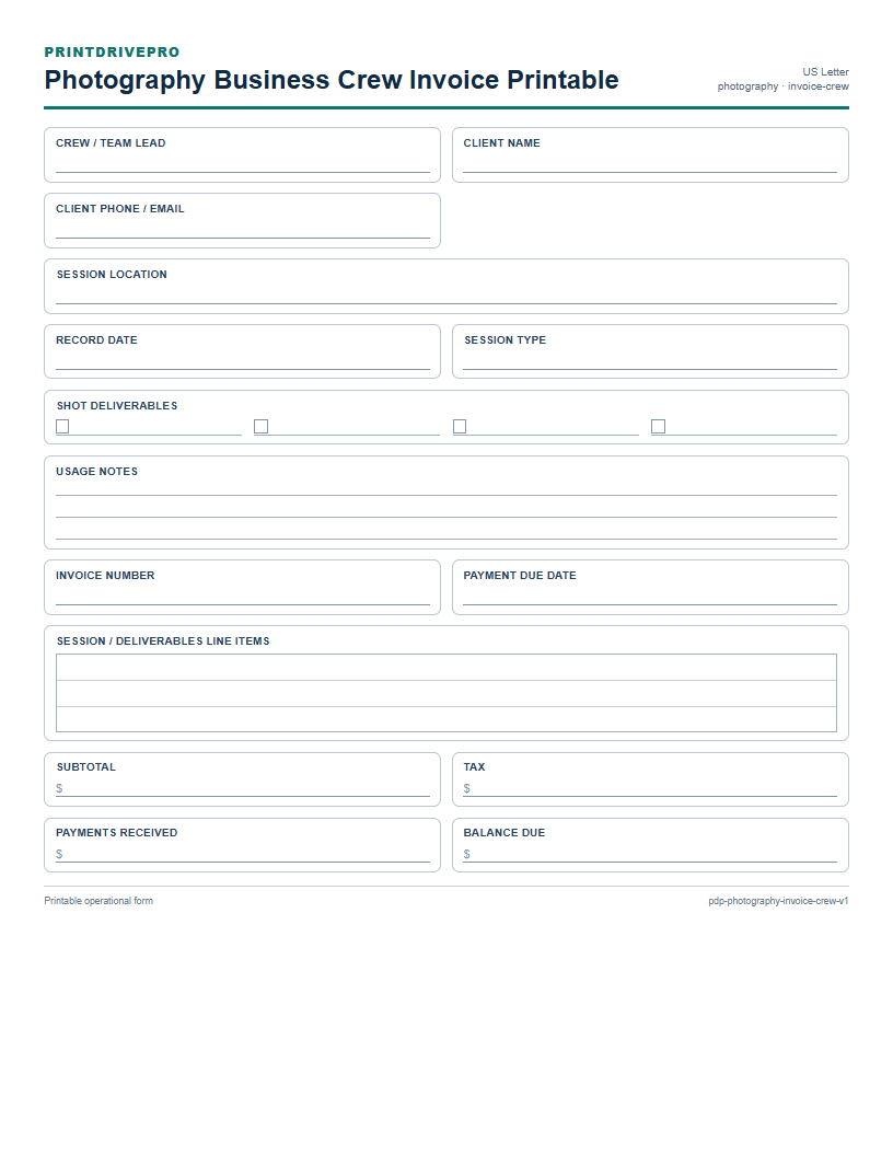 Photography Business Crew Invoice Printable preview