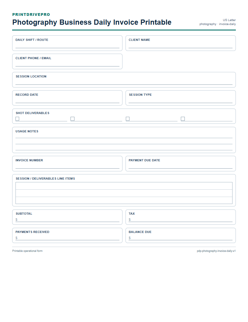 Photography Business Daily Invoice Printable preview