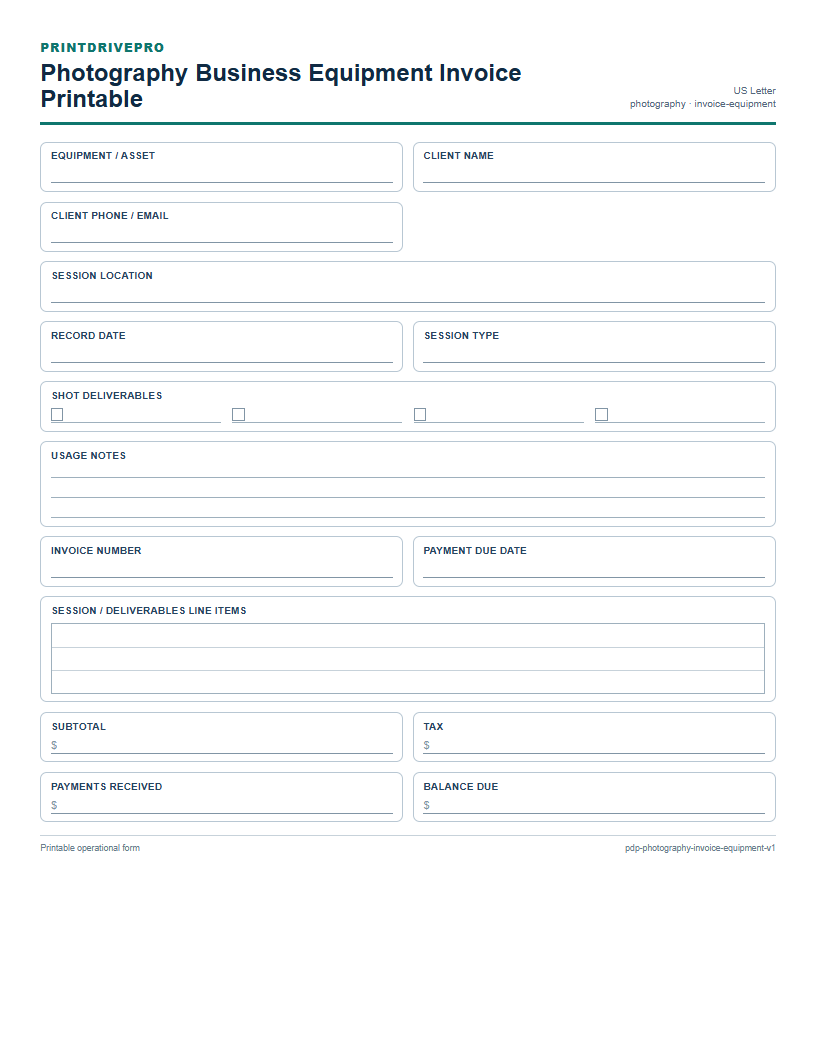 Photography Business Equipment Invoice Printable preview
