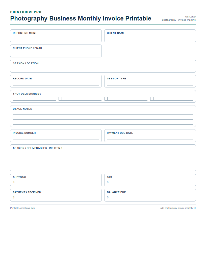 Photography Business Monthly Invoice Printable preview