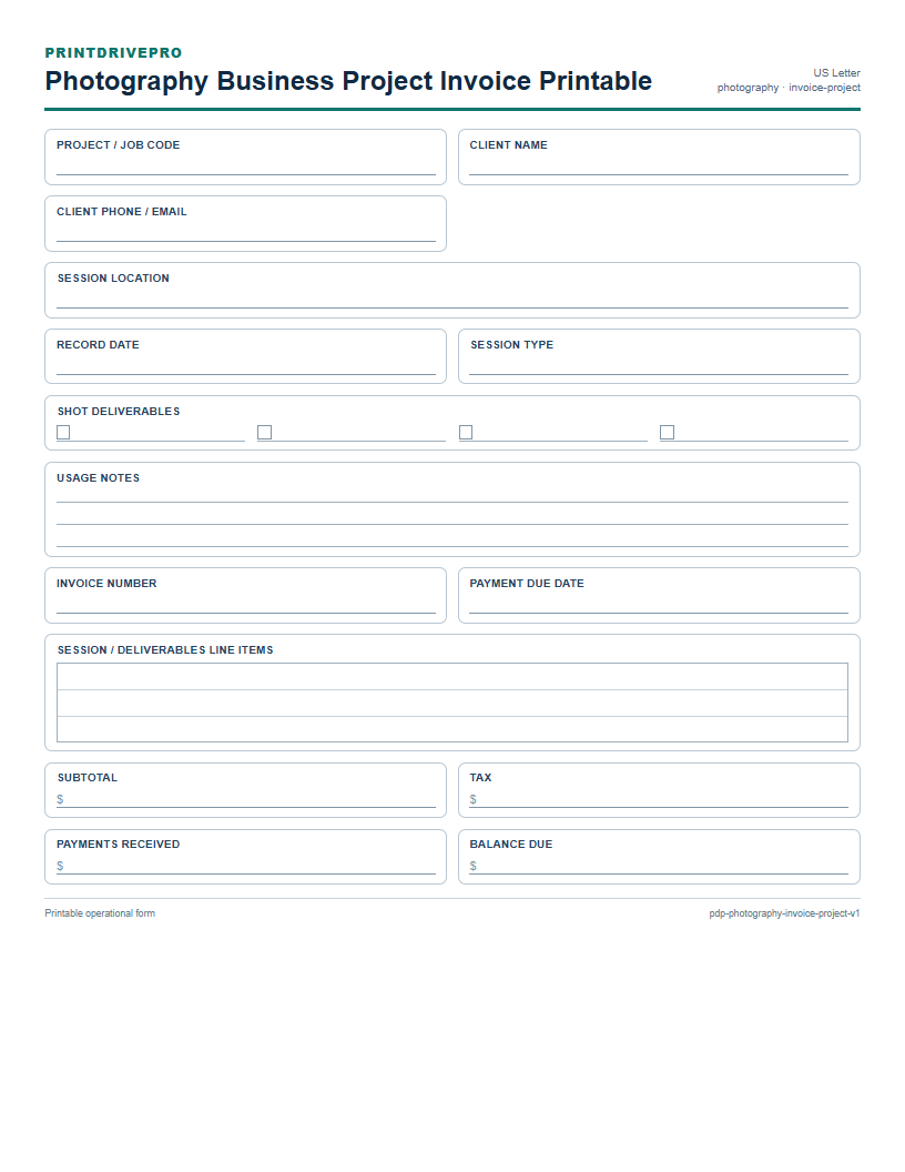 Photography Business Project Invoice Printable preview