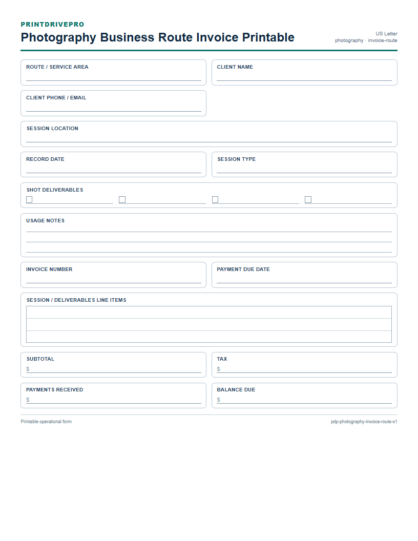 Photography Business Route Invoice Printable preview