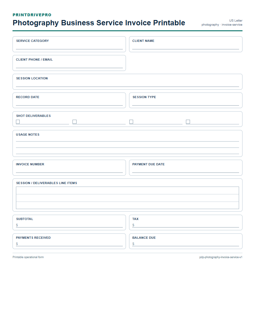 Photography Business Service Invoice Printable preview