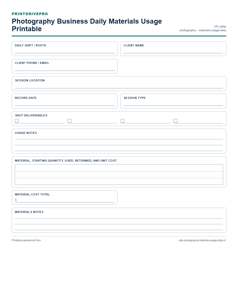 Photography Business Daily Materials Usage Printable preview