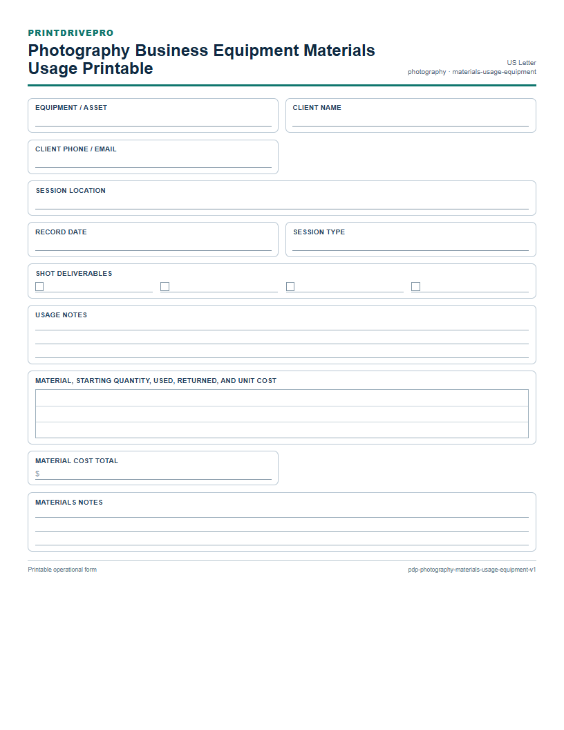 Photography Business Equipment Materials Usage Printable preview
