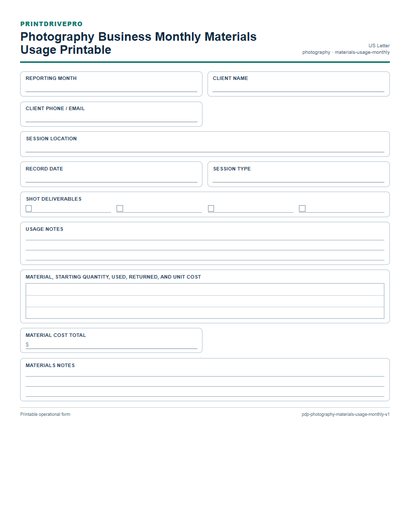 Photography Business Monthly Materials Usage Printable preview