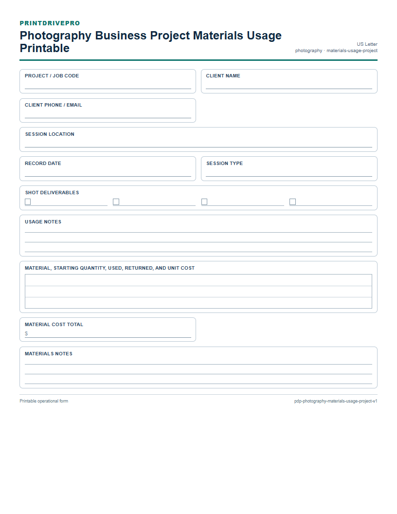 Photography Business Project Materials Usage Printable preview