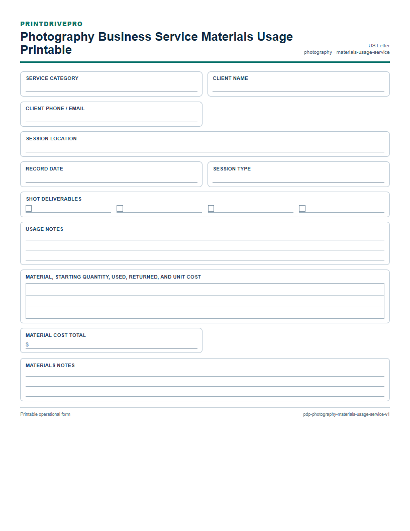 Photography Business Service Materials Usage Printable preview