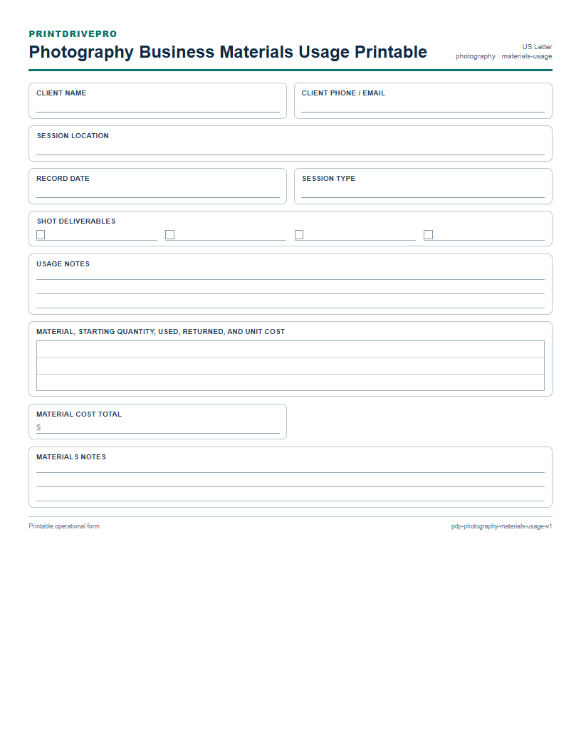 Photography Business Materials Usage Printable preview