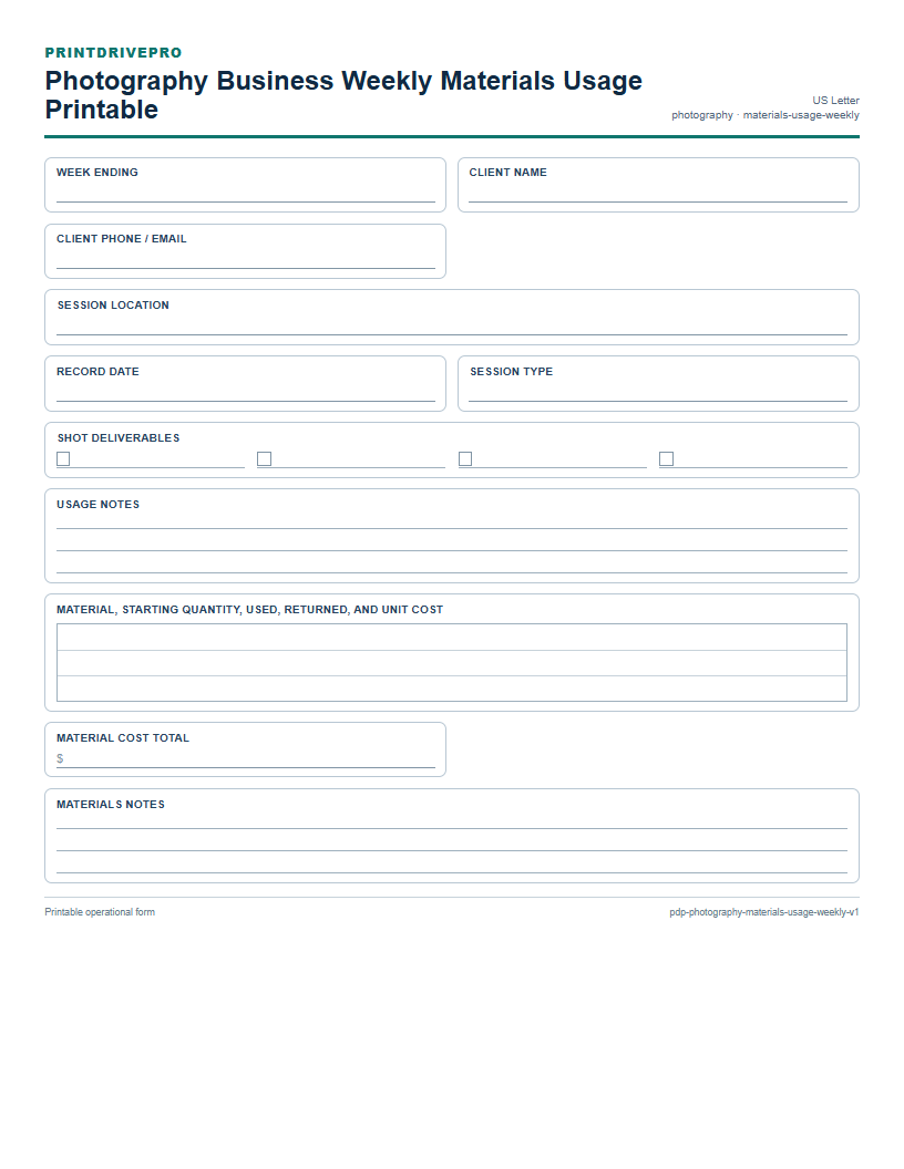 Photography Business Weekly Materials Usage Printable preview