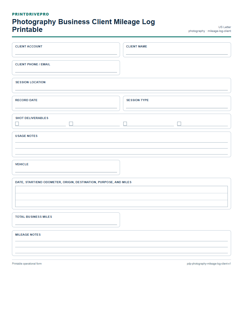 Photography Business Client Mileage Log Printable preview
