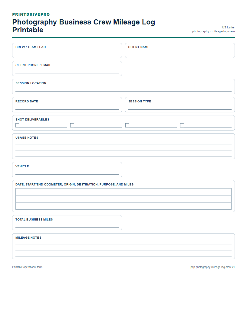 Photography Business Crew Mileage Log Printable preview
