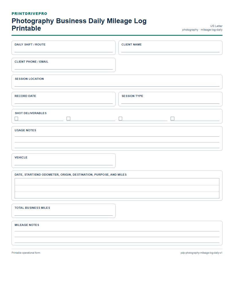 Photography Business Daily Mileage Log Printable preview