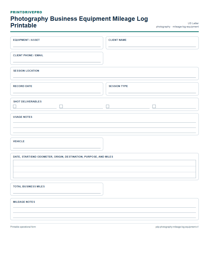 Photography Business Equipment Mileage Log Printable preview