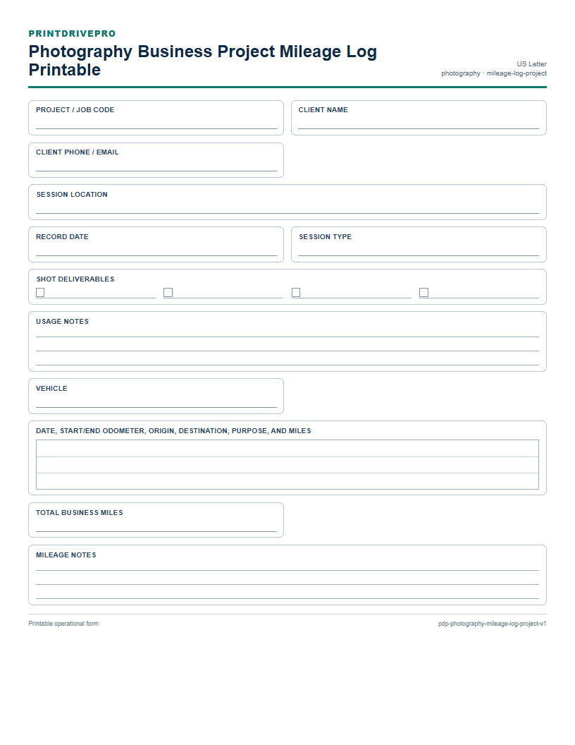 Photography Business Project Mileage Log Printable preview