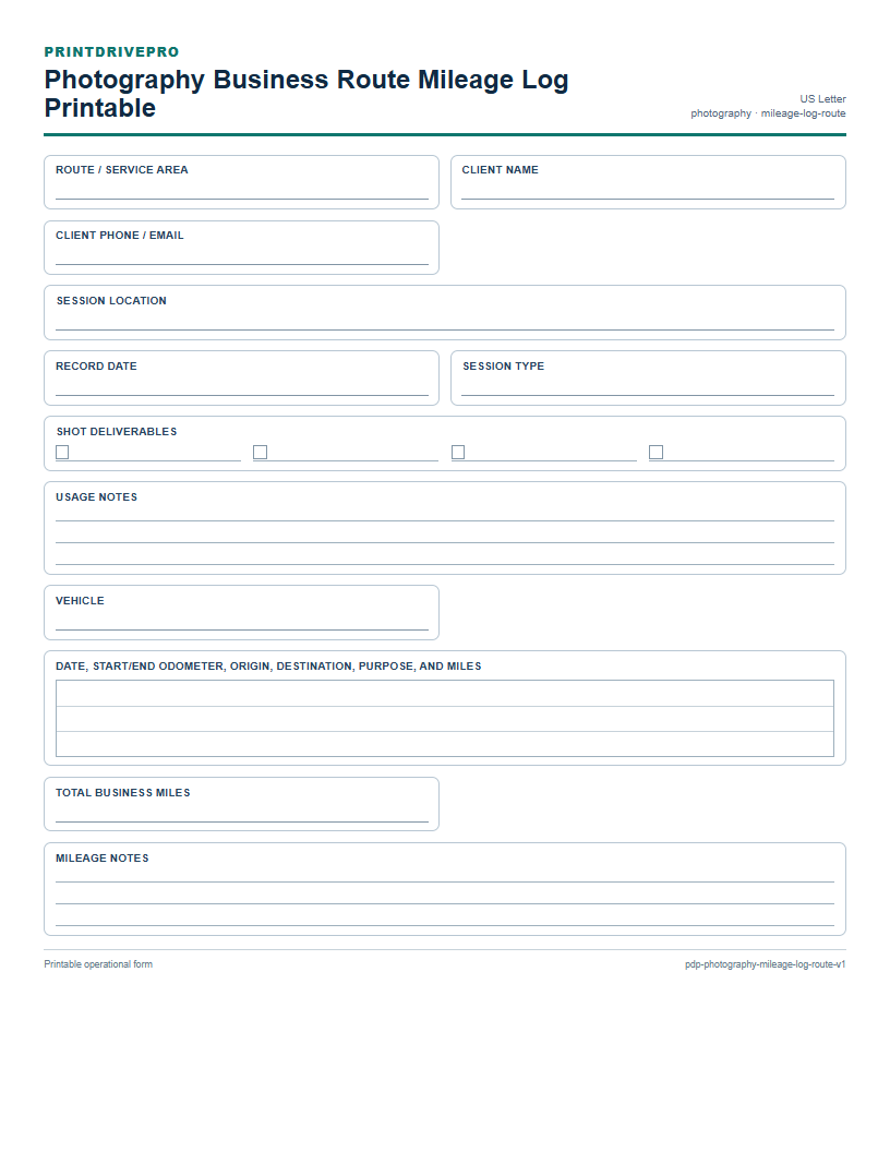 Photography Business Route Mileage Log Printable preview