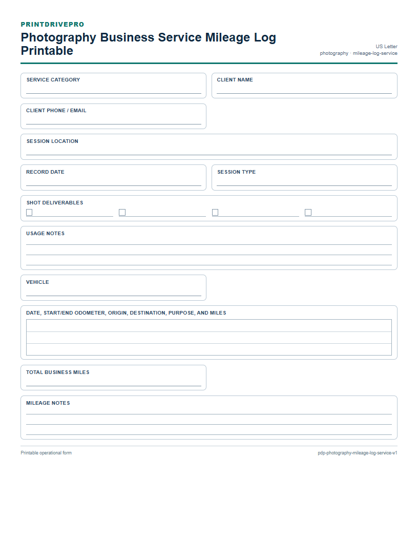 Photography Business Service Mileage Log Printable preview