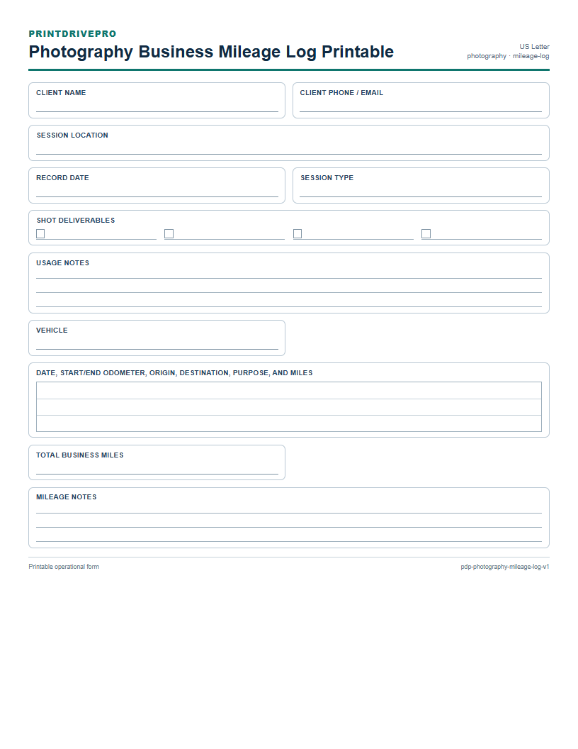 Photography Business Mileage Log Printable preview