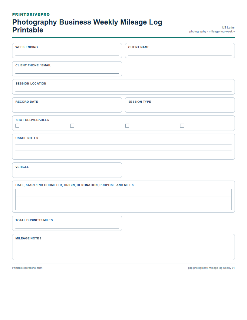 Photography Business Weekly Mileage Log Printable preview