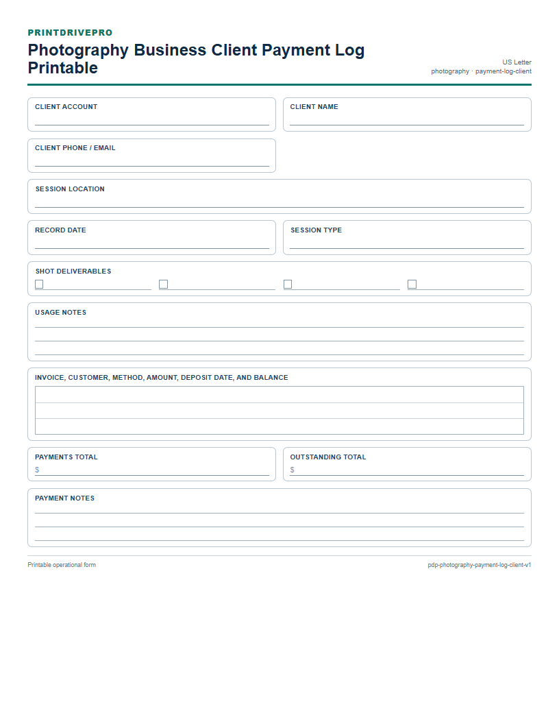 Photography Business Client Payment Log Printable preview