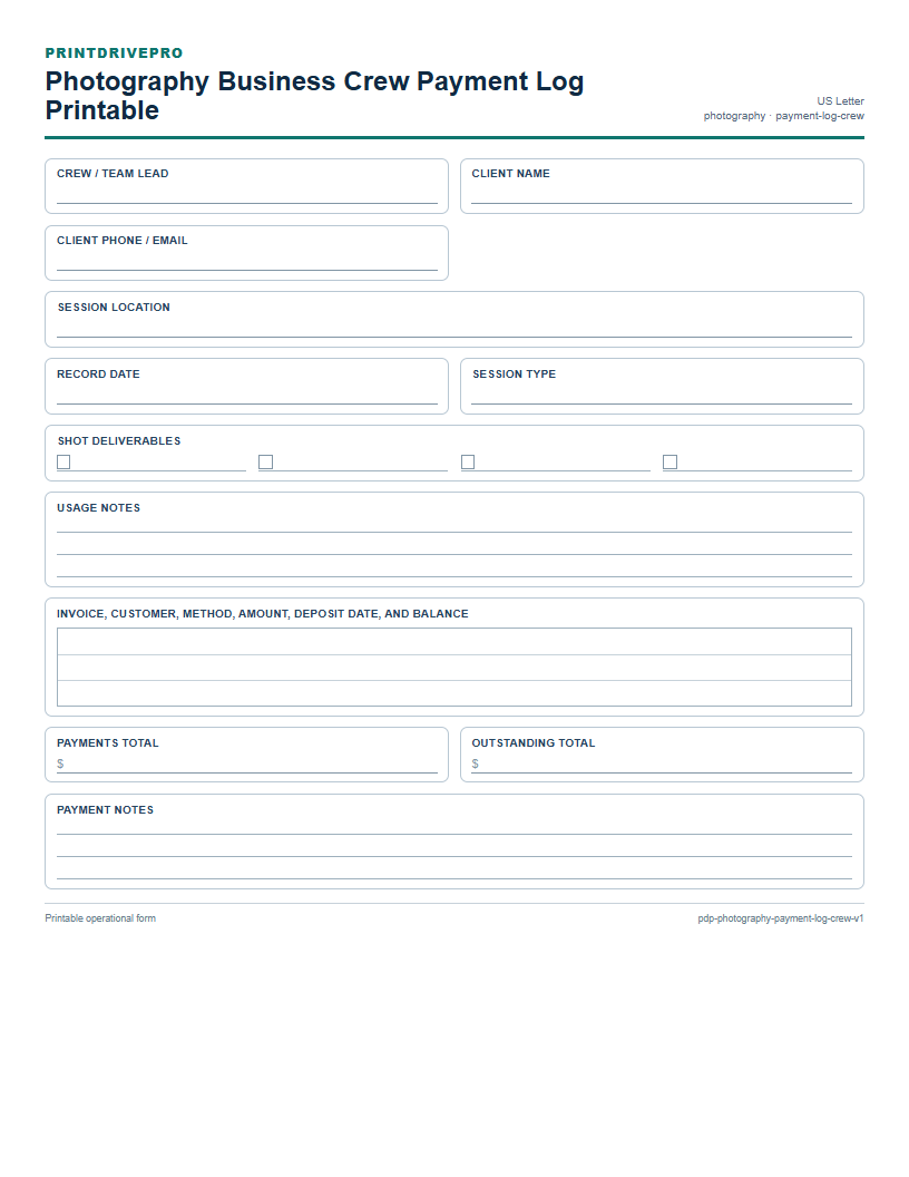 Photography Business Crew Payment Log Printable preview