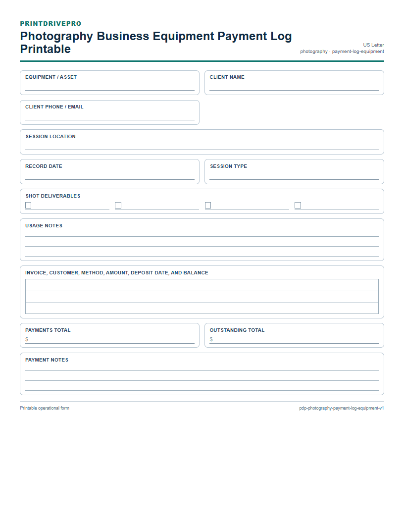 Photography Business Equipment Payment Log Printable preview