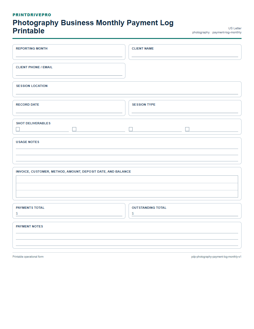 Photography Business Monthly Payment Log Printable preview