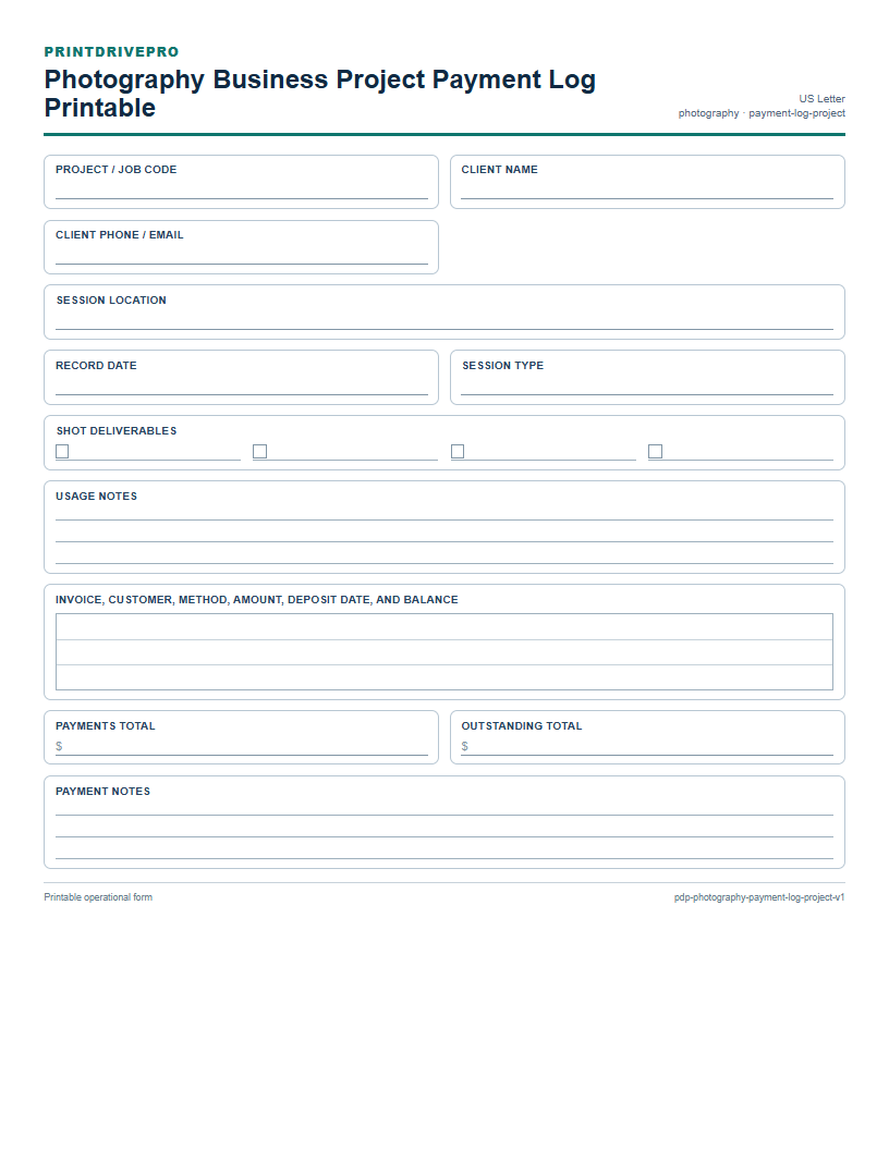 Photography Business Project Payment Log Printable preview